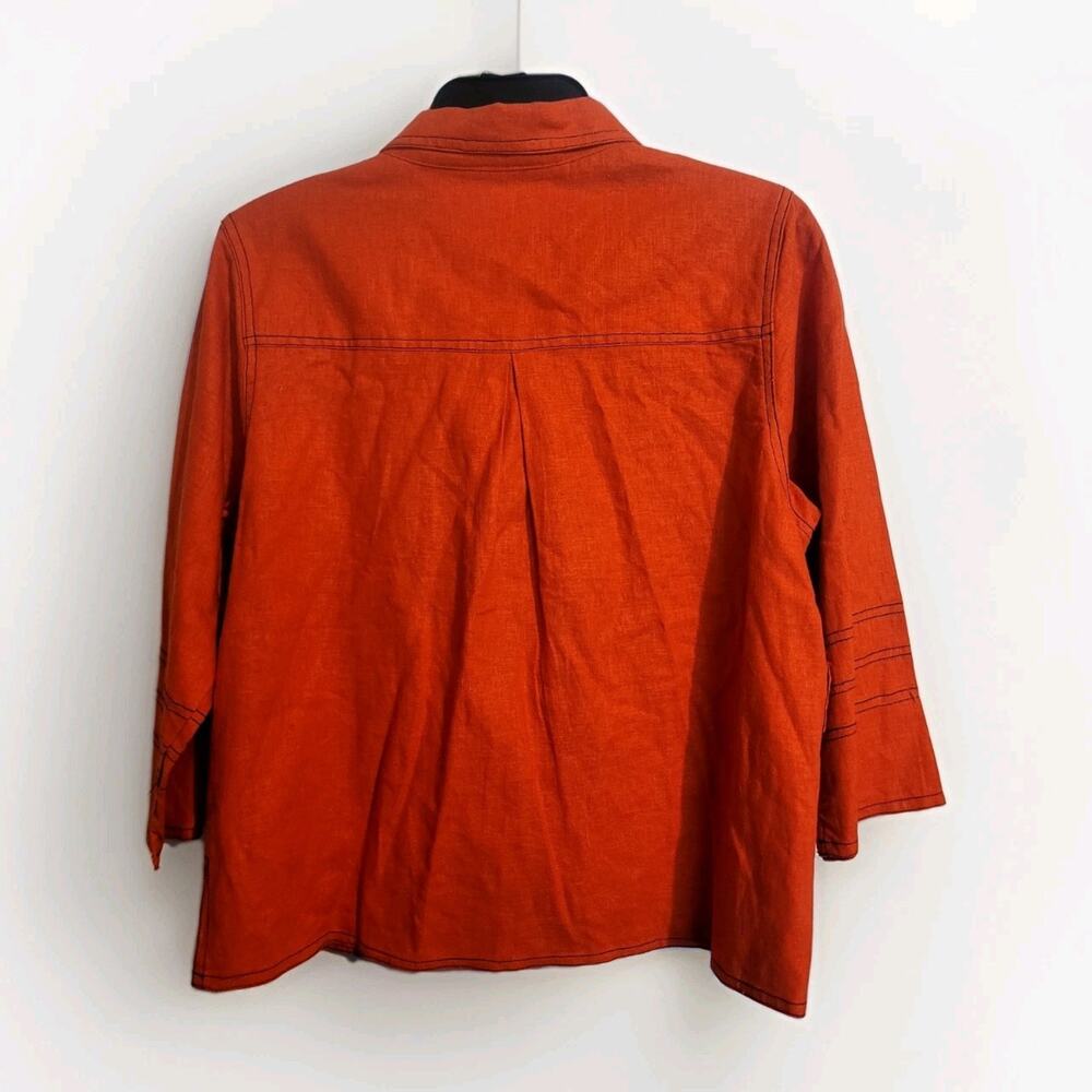 Selene Sport Linen Blend Button Up Orange Top Womens M Contrast Stitch| Relaxed - Picture 8 of 11